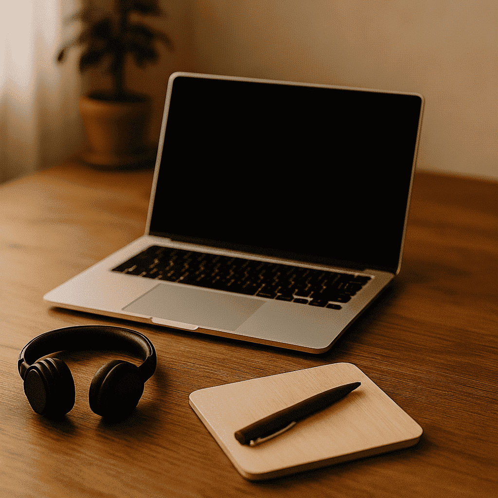 ordenador portátil, libreta y bolígrafo y cascos para videoconferencia