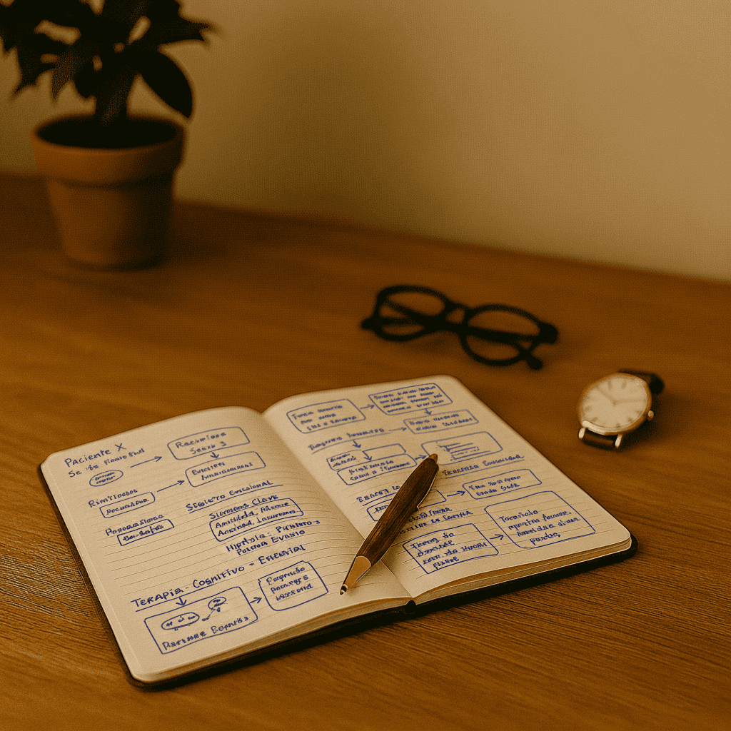 Libreta con bolígrafo sobre mesa de psicólogo